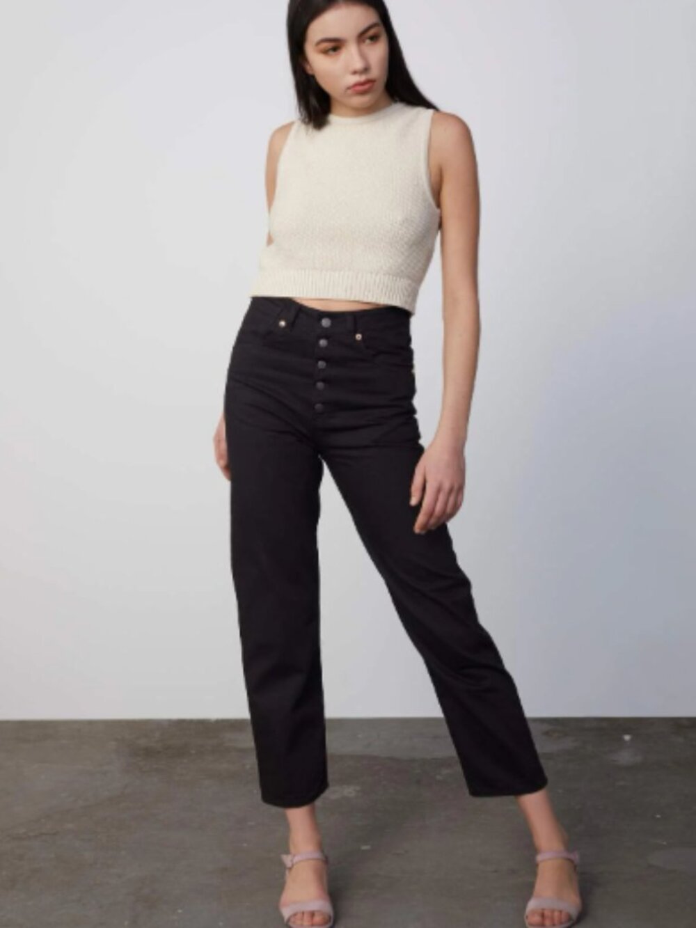 Decade Studio Bonnie Jeans High Rise Black Denim Button Fly Size 28 Crop Ankle
